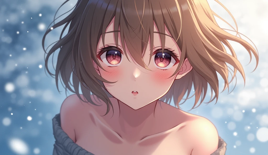 beautiful detailed eyes, beautiful detailed lips, extremely detailed eyes and face, long eyelashes, 1girl, big , masterpiece, best quality, extremely detailed, watercolor, bloom, delicate and beautiful, illustration, from below, solo, large breasts, ribbed sweater, off-shoulder sweater, short shorts, bare shoulders, underboob, dark skin, beautiful eyes, disheveled hair, photography, over-the-shoulder shot, by Alex Maleev, professional, canon camera, nikon camera, sharp, bokeh, studio quality, fisheye lens, by Robert Capa