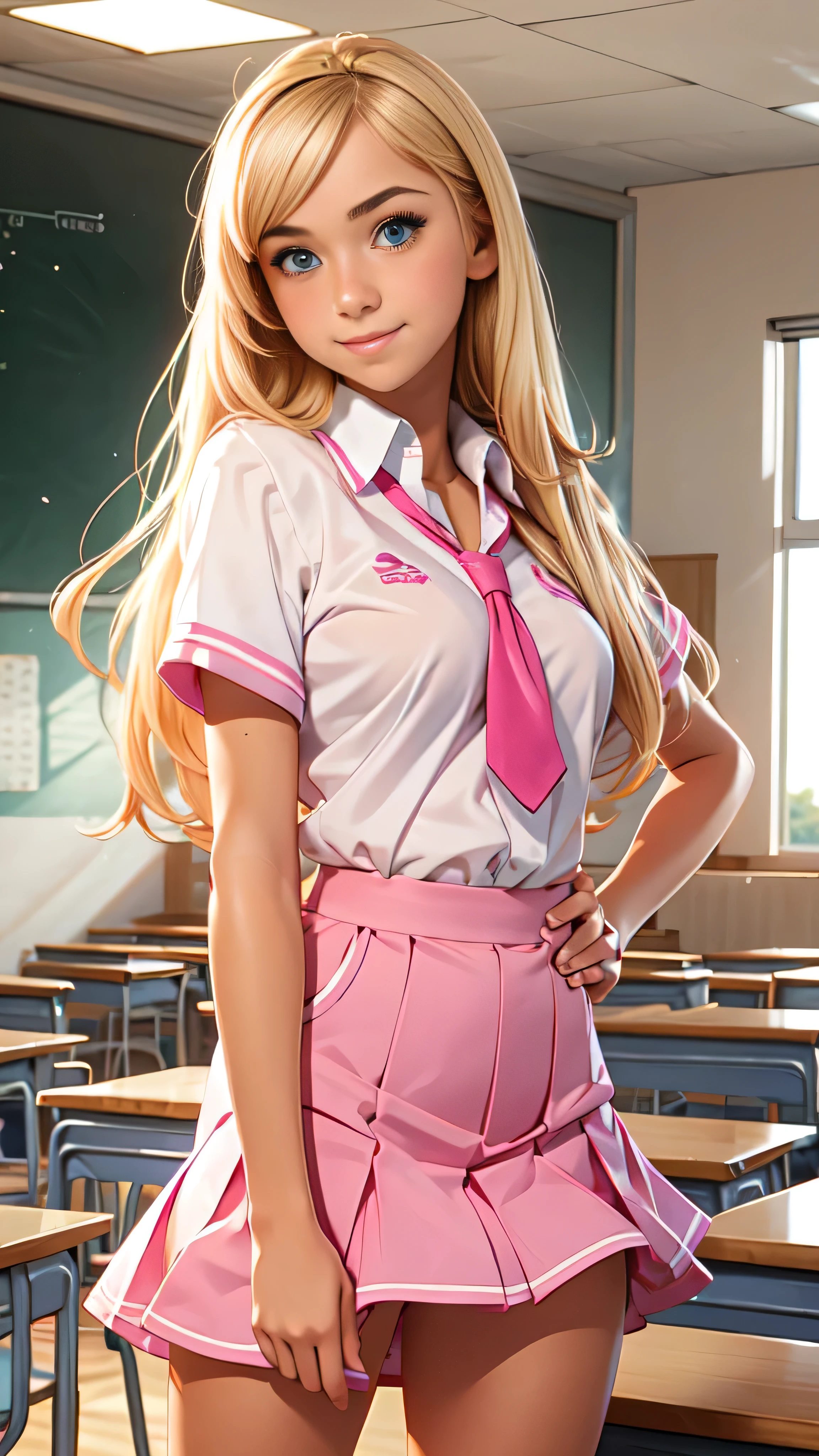 Cute teen blonde girl wearing revealing pink high-school uniform in classroom 