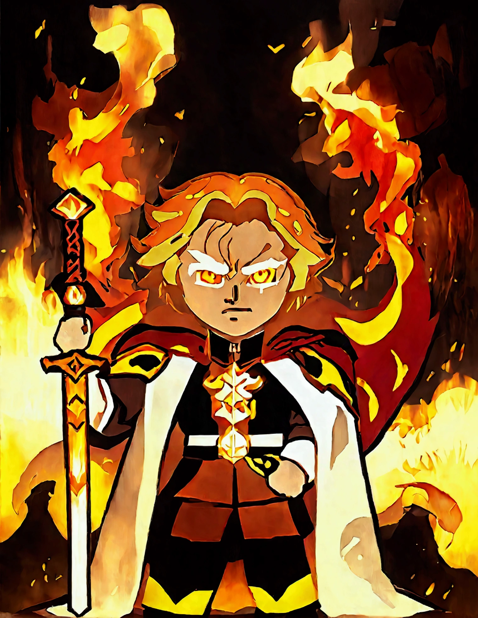 Kyojuro Rengoku, heart ablaze, power of flame, 1 young man, muscular male, intense expression, glowing orange eyes, detailed facial features, long orange hair, fire surrounding body, fire blazing from hands, regular slayer cop uniform and white flames cape, holding nichirin katana and katana look down, detailed fabric textures, dramatic lighting, dark background, cinematic angle, digital painting, highly detailed, photorealistic, 8K, HDR, dramatic color palette, warm tones, intense flames, masterpiece