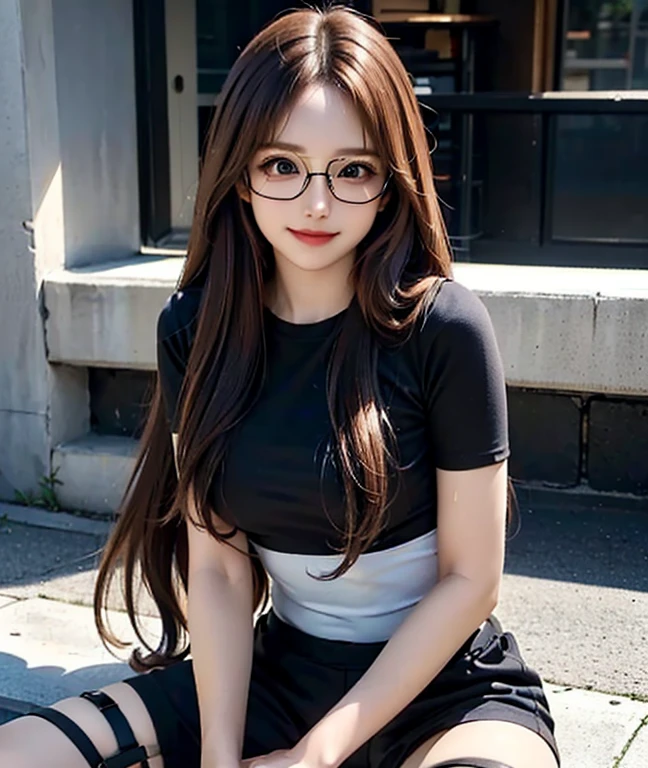 (8ก, best quality, Masterpiece:1,2), (realistic, photo-realistic:1,37), Highest quality, Masterpiece, beautiful young woman, ???? Teacher, ???? female teacher, ???? tight work outfit, short skirt, round ?????, wear glasses, Naughty look, Teaching classroom background with stacked chairs and study desks