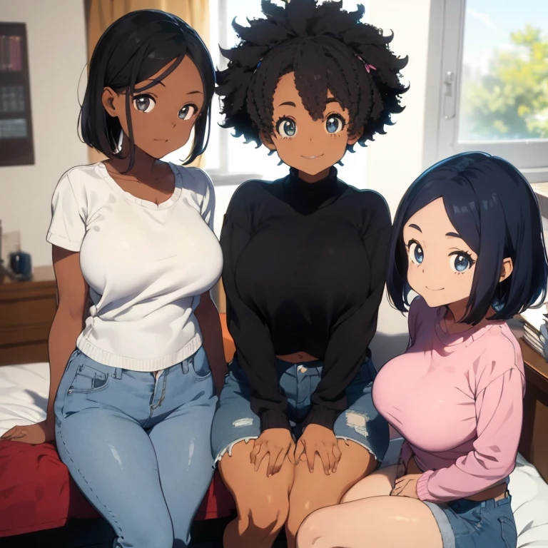 3 female, afro hair, black afro hair black girl afro hair, darker skin, brown skin, huge breast, thick legs, light blue eyes, pink sweater, blue jean, short short, belly button long shirt, boots, home, bedroom, happy face, thick ass, butt butt, sexy pose, sitting down