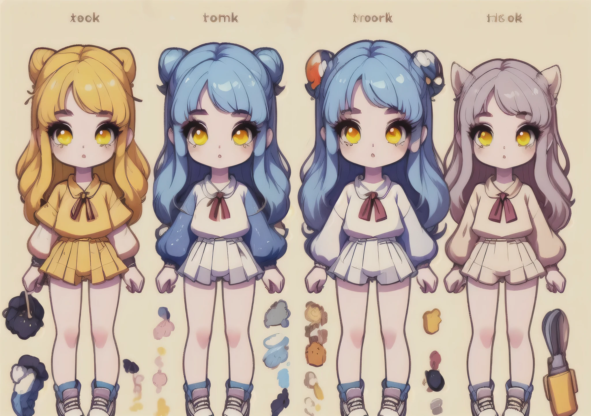 Character design,Girls,Long straight blue hair,White skinned person,Casual white outfit,Yellow eyes,Cork bundle