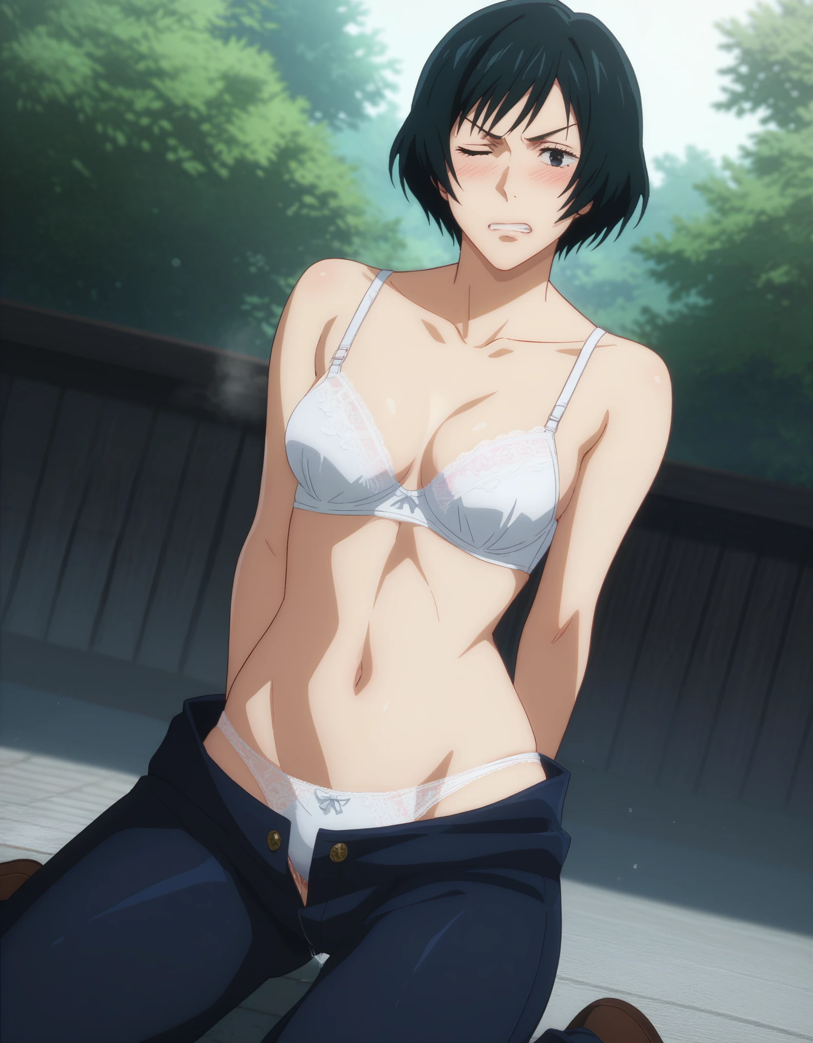 score_9, score_8_up, score_7_up, sauce_anime, ambient light,
jujutsu_kaisen_style, Mai Zenin,,zenin mai,  ,1girl ,tall girl, black hair, black eyes, short hair, , wince, frown, close up face:0.2,
nsfw, (show off panties),,  undress black dress, sleeveless dress, maizeninSDXL, hands behind backs, undress pants, in lace panties, pussy juice,
outdoors,, realistic outdoor, (kneeling), , steam, 
cowboy shot,, looking at viewer, solo, dutch angle, blush,, lace white bra , clenched teeth, saliva,, medium breast,