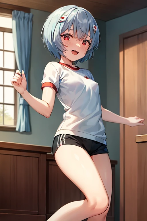 ((Best Quality)), ((masterpiece)), (be familiar with), Perfect Face, indoor, bedroom, Watching the audience,
One woman, Rei Ayanami,
Open Mouth, Ecstatic expression, blush, smile,
Small breasts, Flat Chest, , , child, Girl,
Short Hair, Short Hair,
Gym clothes, White short sleeves, Black shorts, Leg spread,