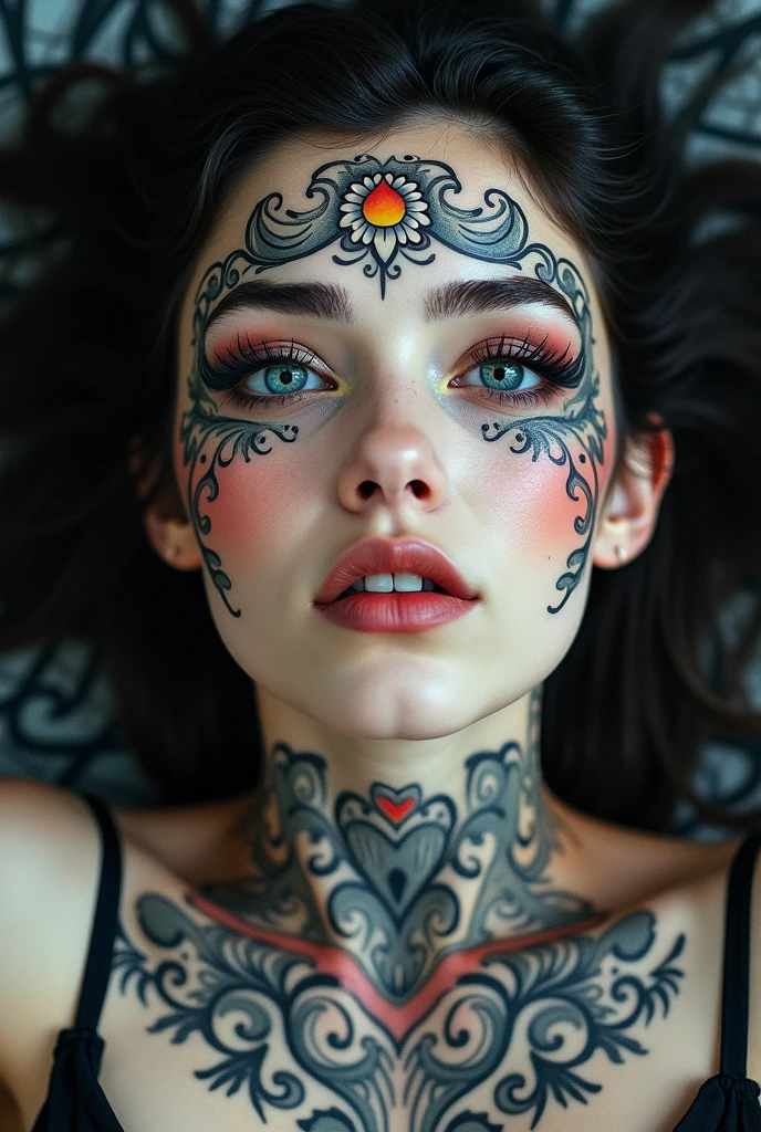realistic photo of <lora:YaelAris_v1:0.9> YaelAris with black hair and wearing makeup, close up on face, focus on eyes, (rose face paint:1.2)