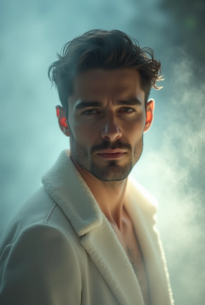 ethereal photo of elegant man, Brazilian nationality, tanned skin, women in the background, Atoms hovering in the air, emerging from swirls of smoke and red and black vapors, Peter Lindbergh style, masterpiece of complex art, foreboding, golden ratio, Trend in CGSeteration, intricate, epic, trending on artgerm's ArtStation, highly detailed and vibrant production cinematic character rendering, very high quality model
