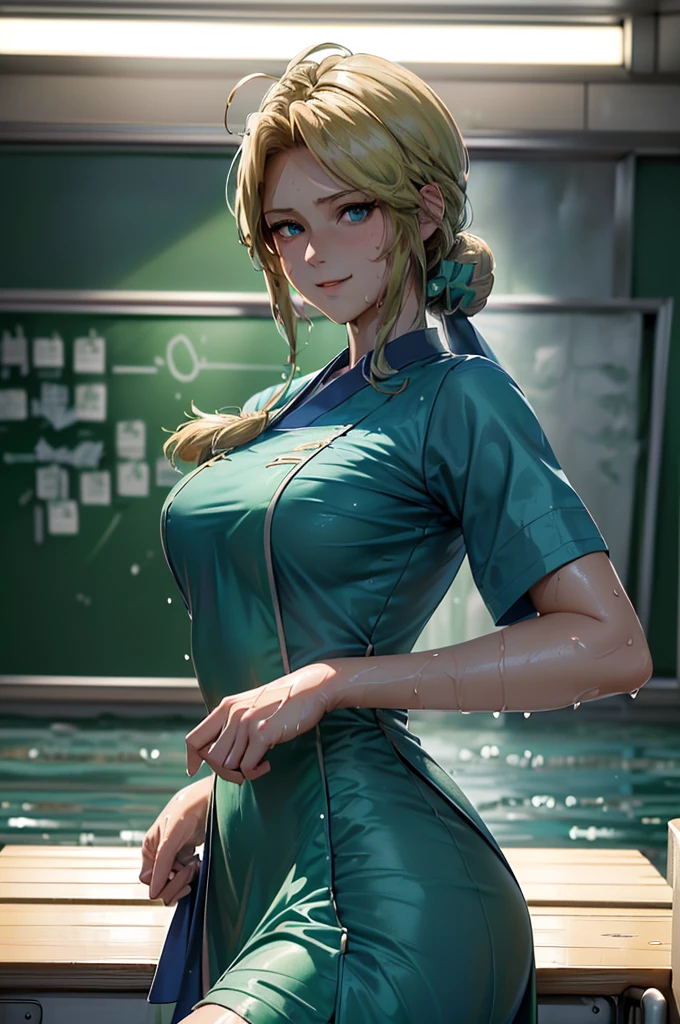 tetsuya nomura, Masterpiece, Best quality, 1girll, aqua eyes, baseball cap, Blonde hair, Closed mouth, Earrings, Green background, Hat, hoop earings, jewelry, view the viewer, shirt, Short hair, Simple background, Solo, Upper body, Yellow shirt