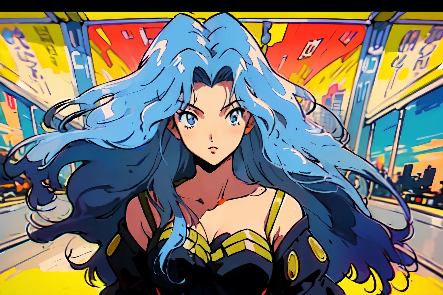 (80's, retro, city pop poster:1.5), (album cover), (masterpiece, best quality), (anime, illustration), a woman, karen, curly hair, wavy hair, blue hair, yellow crop top, yellow crop top sleeveless, blue eyes, anime, retro anime, closeup, face,