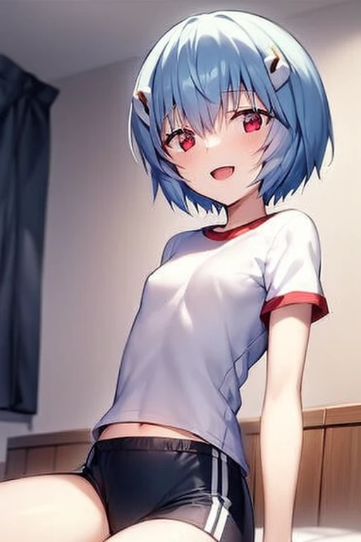 ((Best Quality)), ((masterpiece)), (be familiar with), Perfect Face, indoor, bedroom, Watching the audience,
One woman, Rei Ayanami,
Open Mouth, Ecstatic expression, blush, smile,
Small breasts, Flat Chest, , , , Girl,
Short Hair, Short Hair,
Gym clothes, White short sleeves, Black shorts, Leg spread,