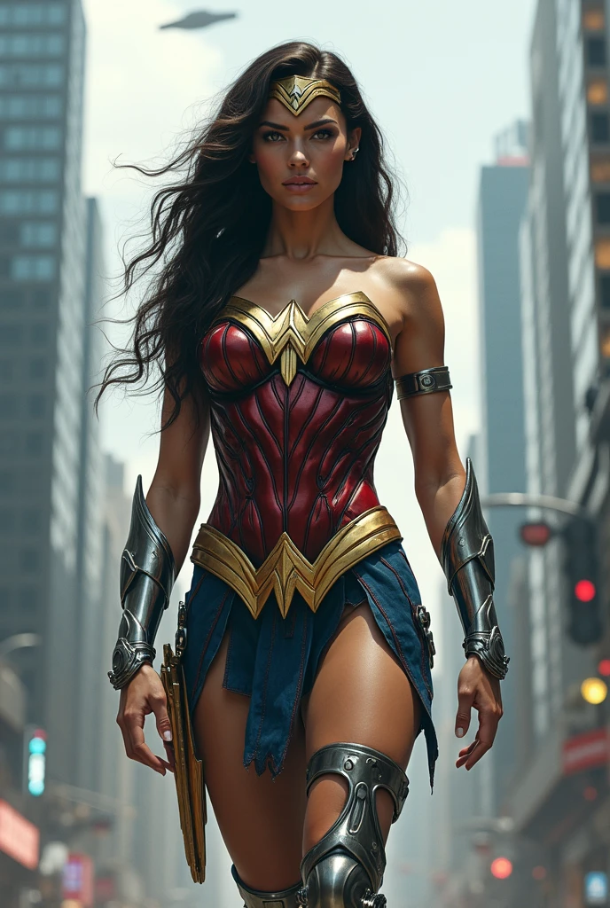 (((Wonder Woman Cyberdyne Systems T-800 model 101 is an android or robot))),(((A beautiful woman with cybernetic prosthetics on her body))),(((Arms and legs with robotic prostheses)))under the cloak of the Amazon warrior Wonder Woman in a futuristic city(((UFO alien invasion)))