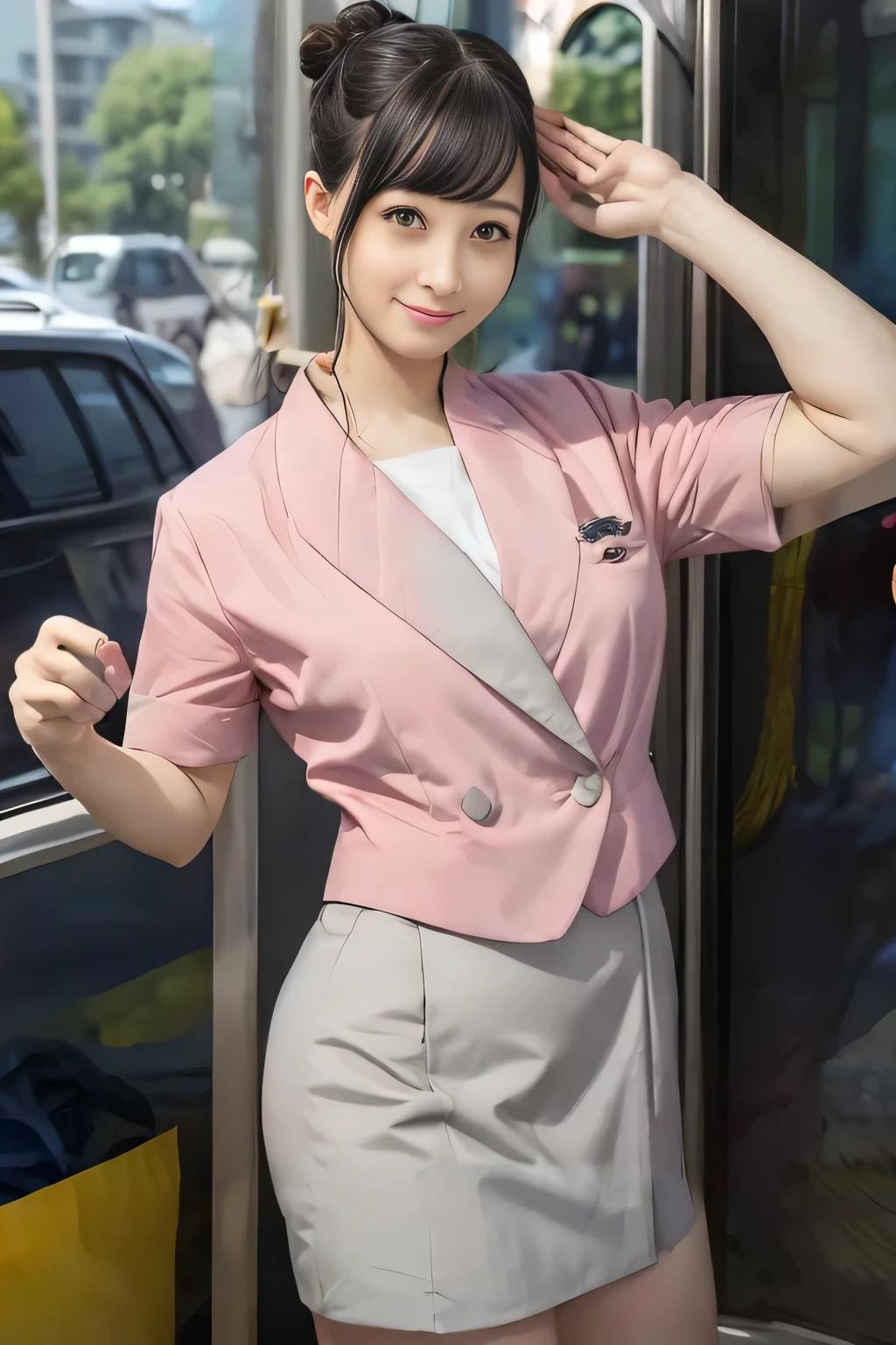(masterpiece:1.2, Best Quality:1.2), 32kHDR, High resolution, (Alone、1 girl)、(On the roof of a building during the day、Professional Lighting)、Building rooftop background、(Nankai train crew uniform pinkを着たリアルスタイル)、(Nankai Railway uniform pink short sleeve wide collar pink jacket、Nankai Railway crew uniform pink no-collar short-sleeve blouse、Nankai Railway uniform, pink and grey culottes)、((The bottom of the pink short-sleeved jacket cannot be tucked into the clay-colored culottes..))、Dark Brown Hair、(Hair tied up、Hair Bun、Hair Bun)、Dark Brown Hair、Long Shot、Big Breasts、Thin legs、((Great hands:2.0)),((Harmonious body proportions:1.5)),((Normal limbs:2.0)),((Normal finger:2.0)),((Delicate eyes:2.0)),((Normal eyes:2.0)))、smile、(Nankai Railway uniform, pink and grey culottesを見せた美しい立ち姿)