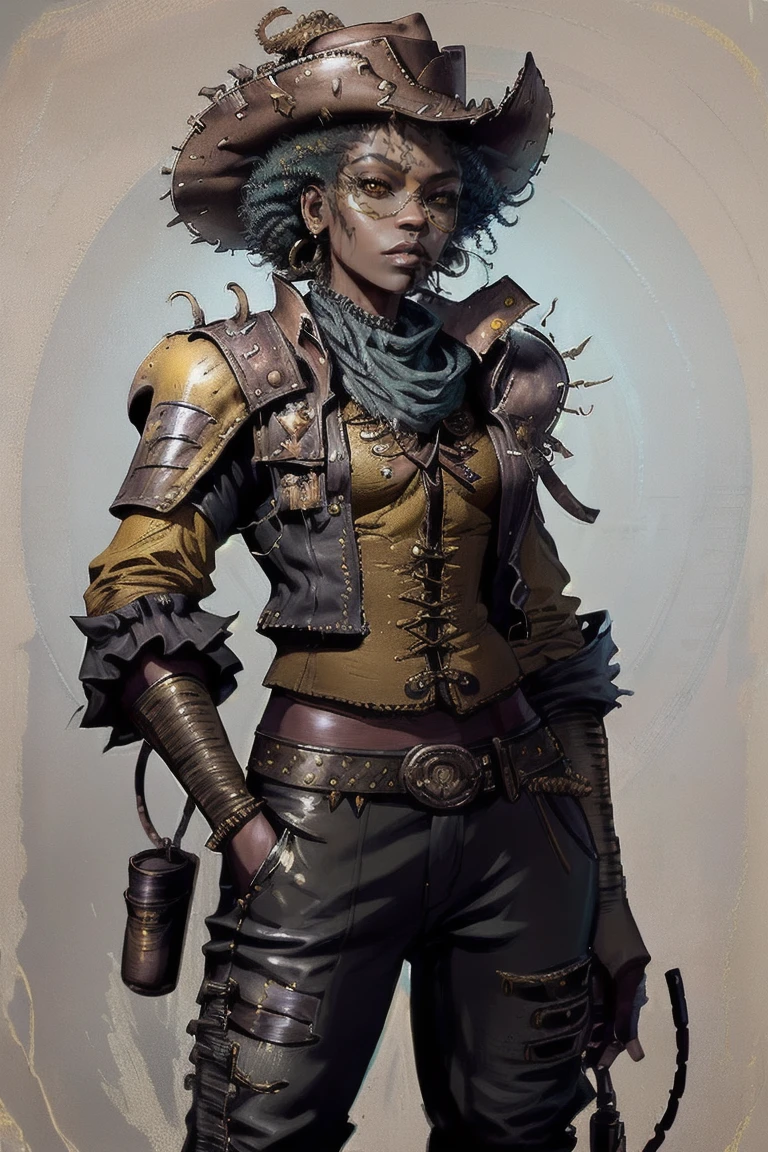 Beyoncé, a black woman as a space cowboy wearing a cowboy hat and gold rim sunglasses, leather pants and leather jacket, yellow shirt, cowboy hat, afro hairstyle, western, gun, bandolier, bounty hunter, close-up, stylish, fashion, highly detailed, realistic, solo, post-apocalyptic background
