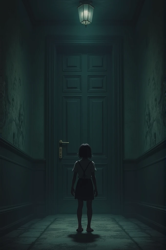 Make a picture in the basement you can see furniture covered with sheets and a girl about to open a large box in the center of the basement behind her you can see the stairs to go up and a shadow of a man about 2 meters away from the girl in a horror environment
