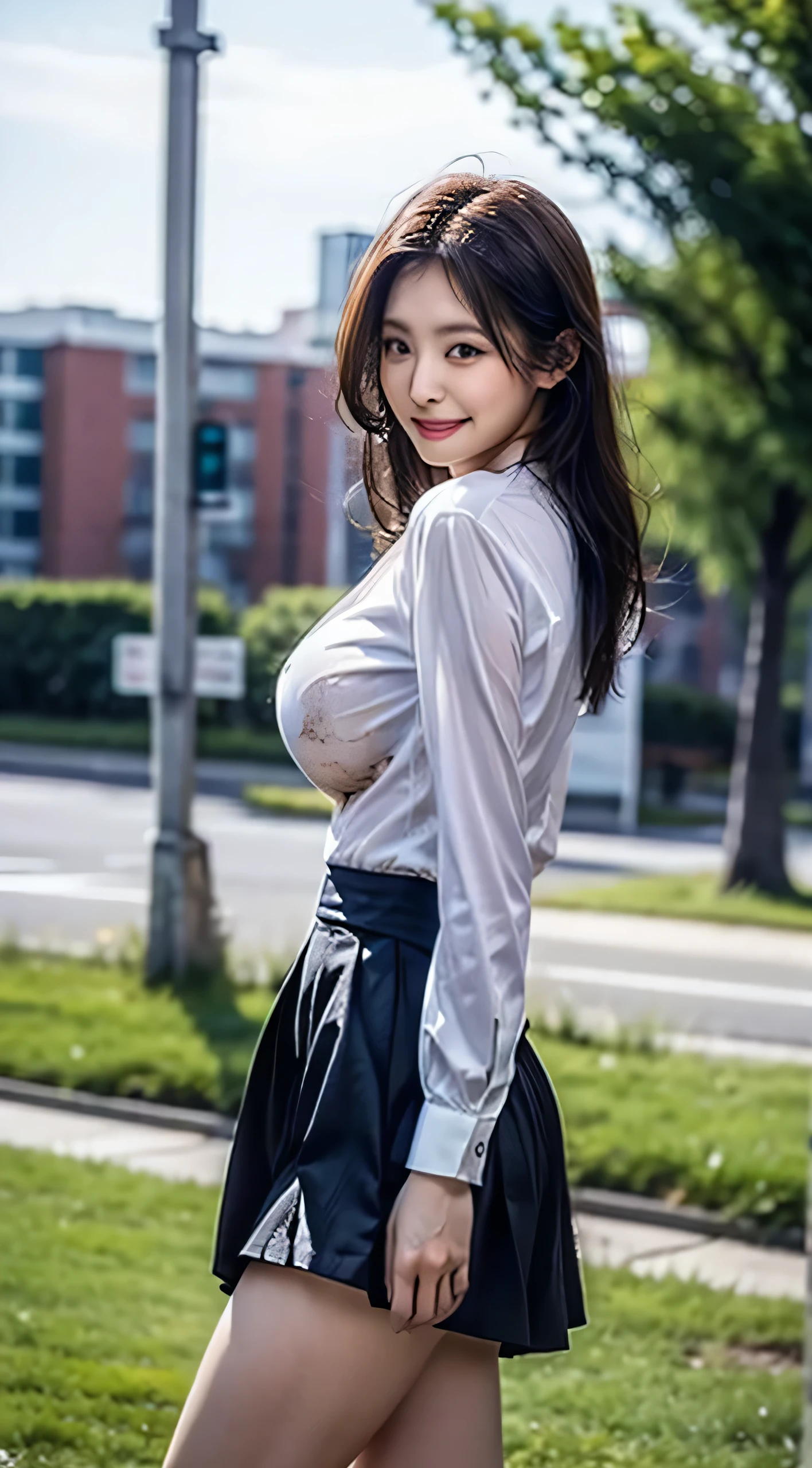 Woman in a suit standing on the sidewalk,((25-year-old woman))、small Breasts、Dark brown hair color、Hairstyle with bangs、Various hairstyles、Hairstyles of different lengths、(8k, RAW Photos, highest quality, Tabletop: 1.2),、(Realistic, Realistic: 1.3), Cityscape, Day, Sunny Morning, Professional Lighting, Photon Mapping, shirt, (Woman in a suit,) Silk Suit、Pencil Skirt、Tight Skirt、((Delicate photo))，(Detailed RAW Photos of Girls), (Tabletop:1.25), (highest quality:1.6), (超A high resolution:1.5), (Realistic:1.75), 8k resolution, Canon EOS R5, 50mm, absurdes, Ultra-detailed,Cinema Lighting, (Skirt Lift:1.5)、nsfw、the wind is strong、smile、Skirt flipped up、sexy white panties,