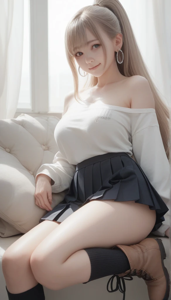 One girl, solo, High resolution, Best Quality, Very detailed, Textured skin, Long Hair, ponytail, Light brown hair, Hair in the eyes, Large Breasts, White off-the-shoulder knit, Black pleated mini skirt, Black knee socks, boots, Earrings, Looking at this, Slanted Eyes, A seductive smile, 