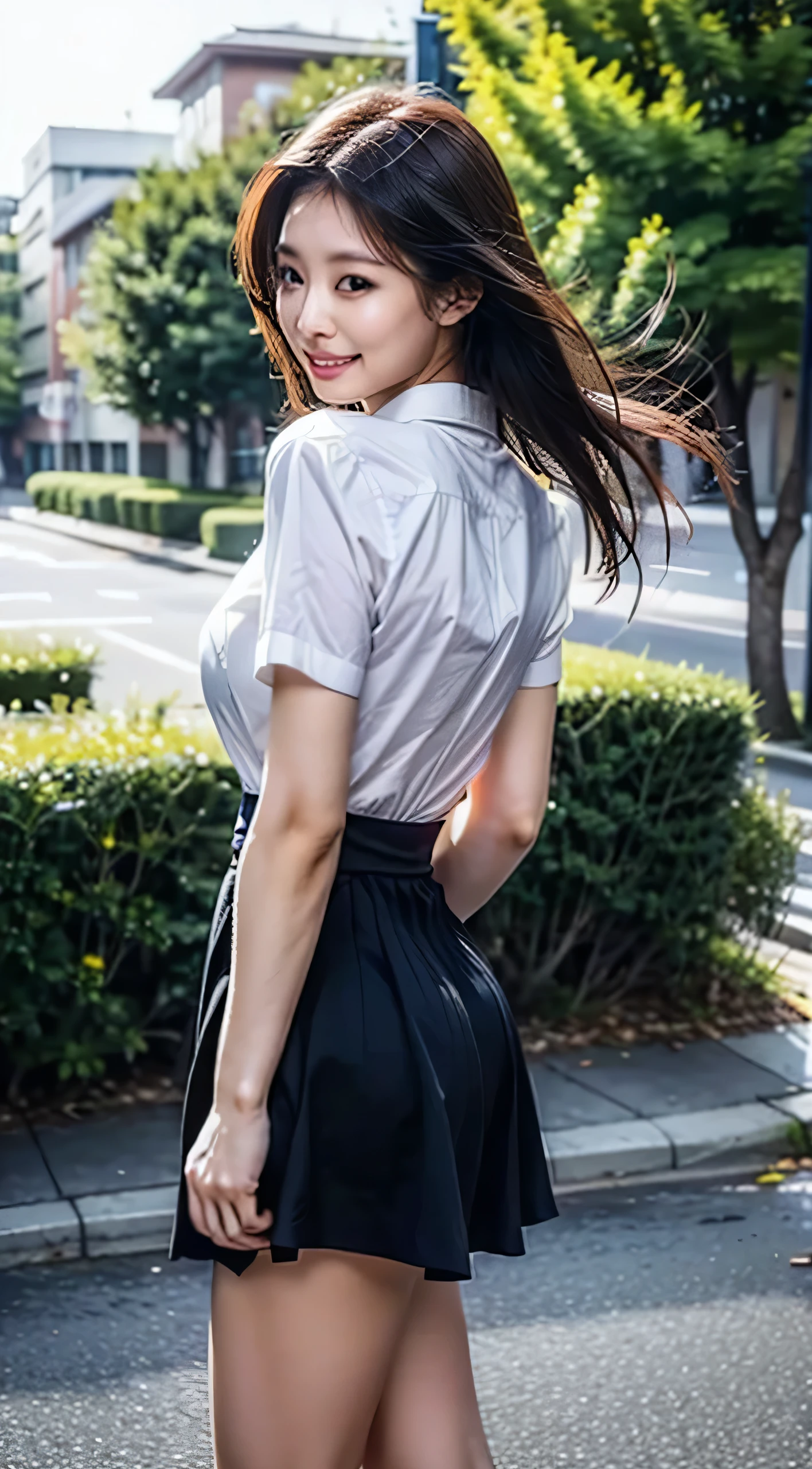 Best-quality, Masterpiece, Ultra-High-Resolution, (Photorealistic:1.4), Raw-Photo, Extremely-Details, Perfect-Anatomy,
1girl, 15-years-old, the most popular Japanese idol, ((upturned ass wearing business suit's tight skirt):1.2), wearing matching business suit, innocent smile,
extremely cute face like a most famous Japanese idol, extremely beautiful big black solid circle eyes, ((extremely beautiful black hair)), extremely beautiful skinny body, extremely beautiful breasts, extremely beautiful buttocks, extremely beautiful skinny thighs, extremely beautiful realistic skins,
detailed matching business suit