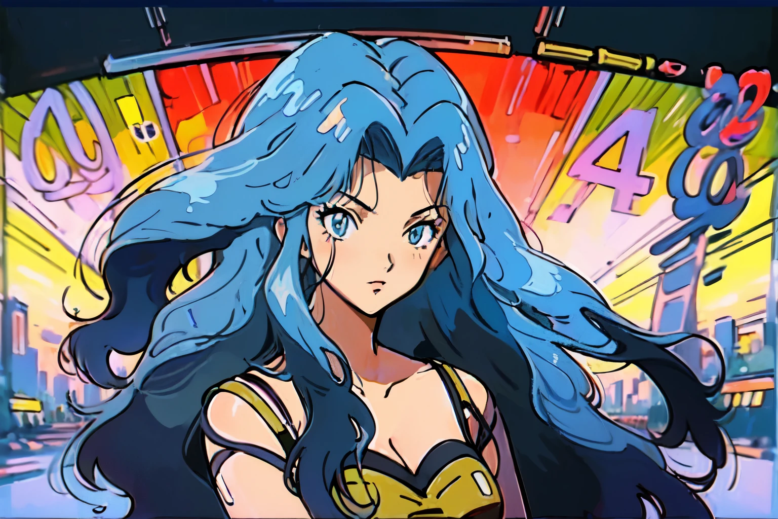 (80's, retro, city pop poster:1.5), (album cover), (masterpiece, best quality), (anime, illustration), a woman, karen, curly hair, wavy hair, blue hair, yellow crop top, yellow crop top sleeveless, blue eyes, anime, retro anime, closeup, face,