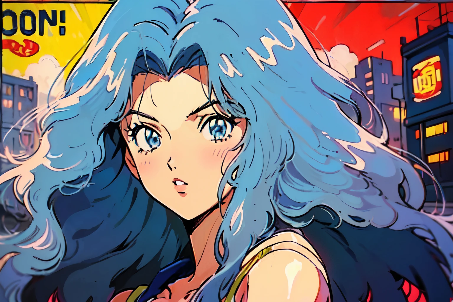 (80's, retro, city pop poster:1.5), (album cover), (masterpiece, best quality), (anime, illustration), a woman, karen, curly hair, wavy hair, blue hair, yellow crop top, yellow crop top sleeveless, blue eyes, anime, retro anime, closeup, face,