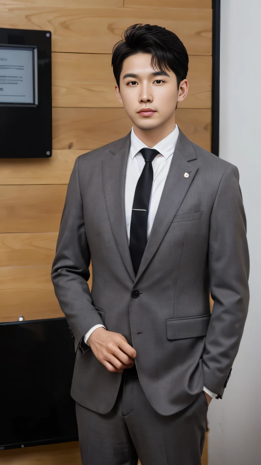 Atmospheric Boy，With school bag storage pocket, grey Clothes, Textured skin, Watch the camera bust, Photos, Realistic photos of black hair, High-quality image effects, Ryohei Suzuki wearing light brown suit and black tie inside court room  crowds of people background blurr