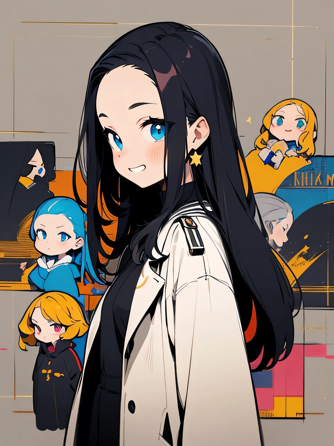 sideview,(Alone),looking at viewer,upperbody,(Alone),(I am the star),grin,black color thin straight long hair,big forehead,Trench coat、Louis Vuitton Bags、(Sexy Russian girl:1.3),Best image quality,最high quality, high quality, High definition, high quality (masterpiece,Sense of presence)、Colorful sketch style