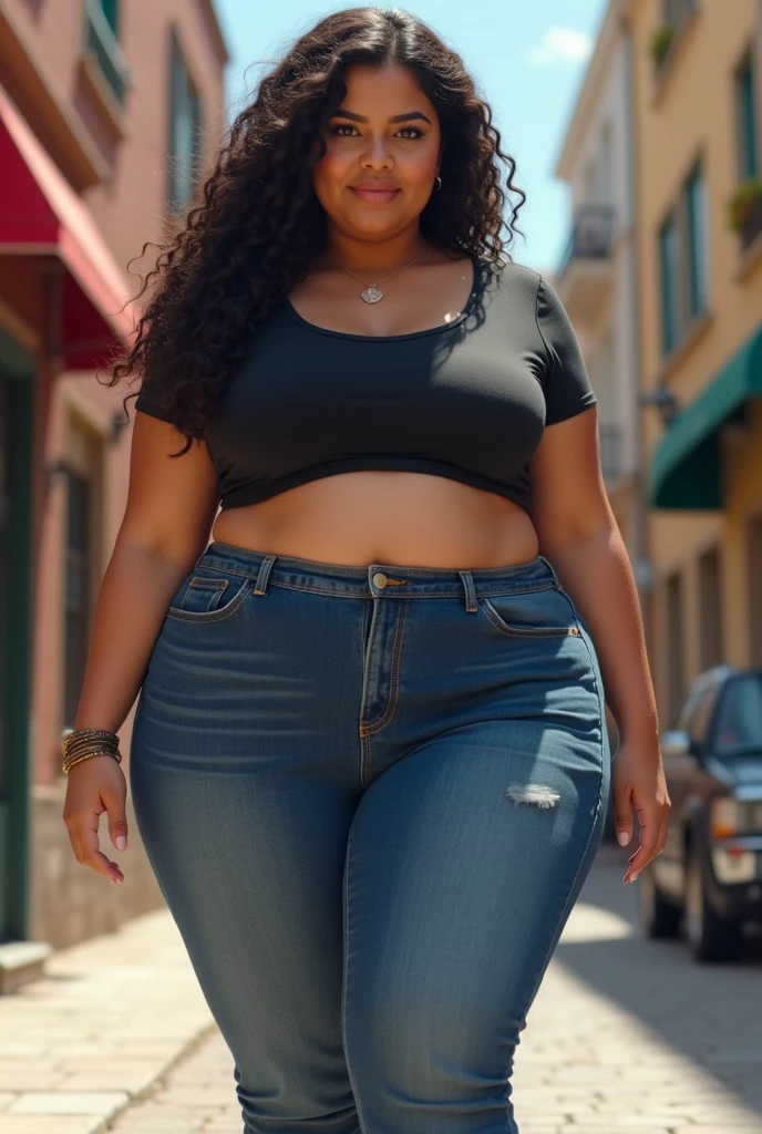 A really fat adorable cute obese young 17 year old fat girl which is 5 feet and 1 inch tall, with very kind feminine beautiful face, long curly beautiful hair, blue eyes, one whole huge bloated soft obese belly, very wide hips and obese wide thighs, huge fat booty, fat arms, huge , big breasts, smiling in a small tight jean skirt and a gray crop top. Walking in a fancy mall while holding some bags