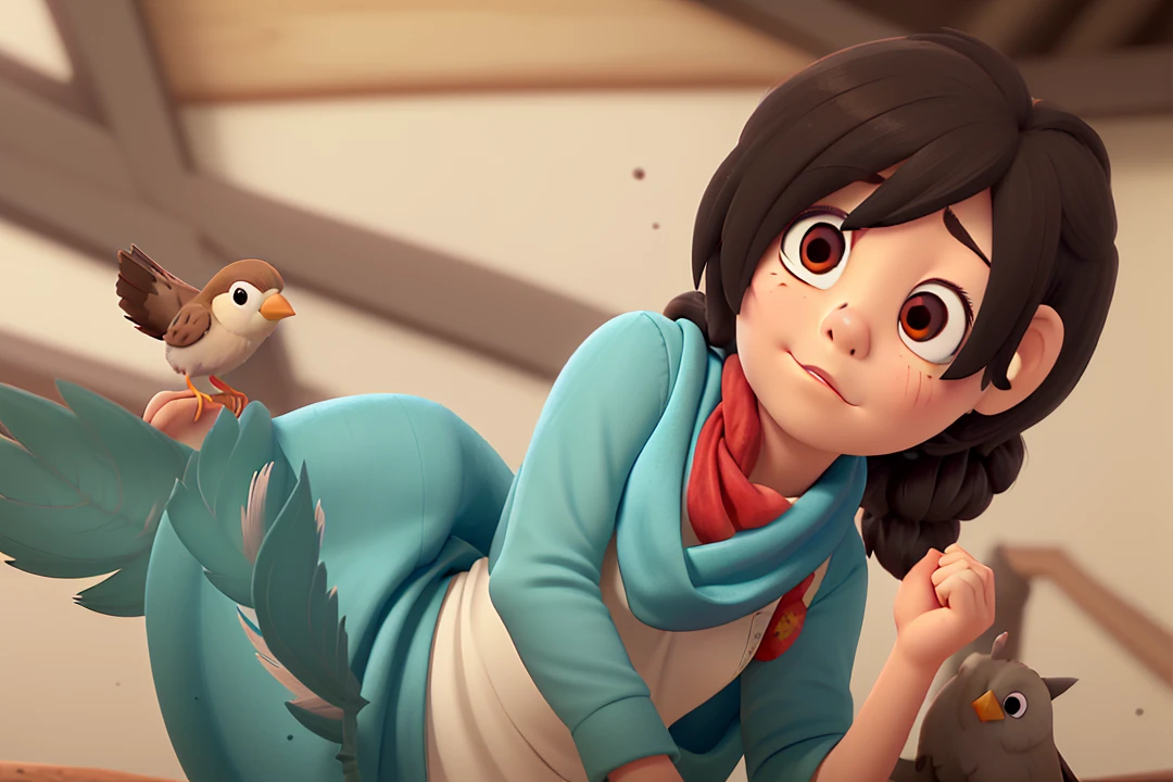 a small sparrow with soft brown feathers, shiny black eyes, and a bright red scarf around her neck. She looks up at the sky, dreaming.  
*Narration*: "Chikki was a small, curious sparrow who loved looking at the sky, dreaming of flying high like the big birds."