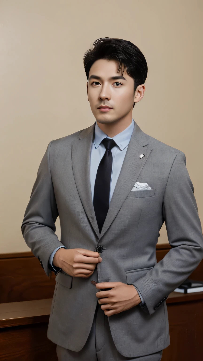 Atmospheric Boy，With school bag storage pocket, grey Clothes, Textured skin, Watch the camera bust, Photos, Realistic photos of black hair, High-quality image effects, Ryohei Suzuki light brown suit in court room 