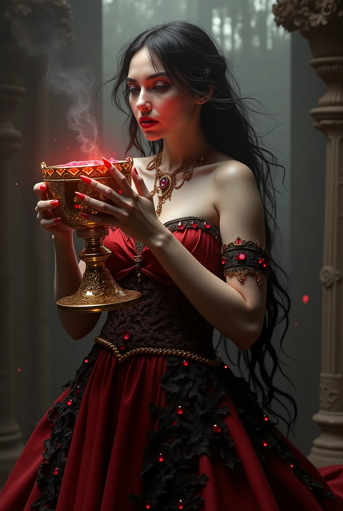 foto RAW, a beautiful woman about 25 years old in a red dress sitting in a vat of blood, en un charco de sangre, cabello OSCURO, cara sangrienta,Elizabeth Bathory (highly detailed pale skin:1.2), 8k UHD, DSLR, Soft lighting, alta calidad, hiperrealista, Film grain, Fujifilm XT3