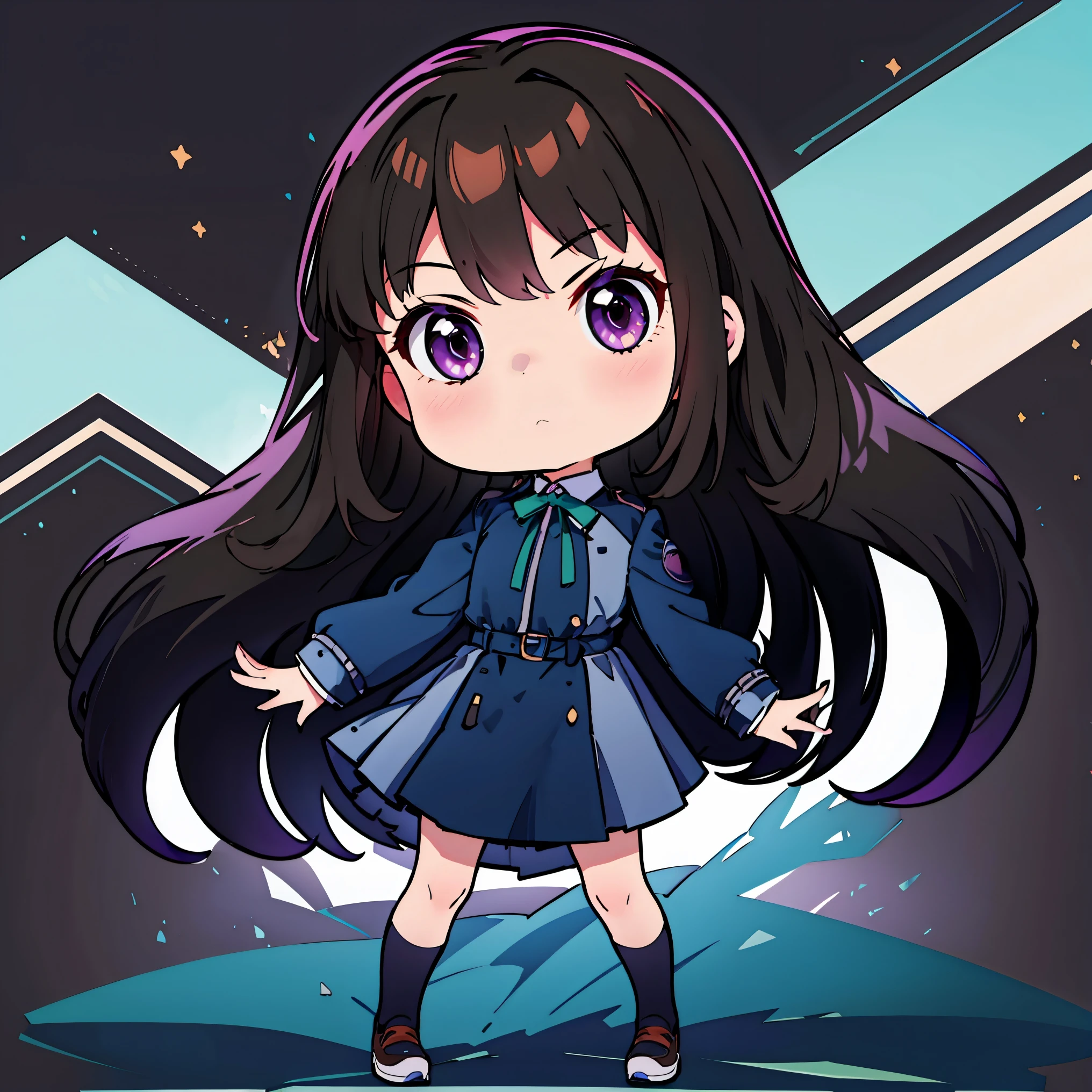 ((masterpiece, best quality, highres)), (abstract background), depth of field, 
BREAK, 1girl, ((chibi)), (chibi style), standing, fullbody shot, Serious expression,    
BREAK, takina inoue, purple eyes, black hair, long hair, 
BREAK, long hair, lycoris uniform, green ribbon, long sleeves, two-tone dress, pleated dress, collared shirt, kneehighs