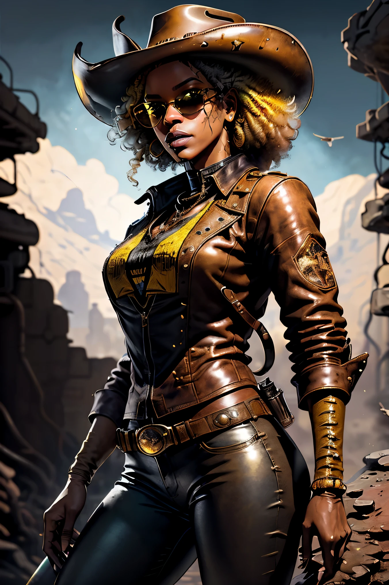 Beyoncé, a black woman as a space cowboy wearing a cowboy hat and gold rim sunglasses, leather pants and leather jacket, yellow shirt, cowboy hat, afro hairstyle, western, gun, bandolier, bounty hunter, close-up, stylish, fashion, highly detailed, realistic, solo, post-apocalyptic background
