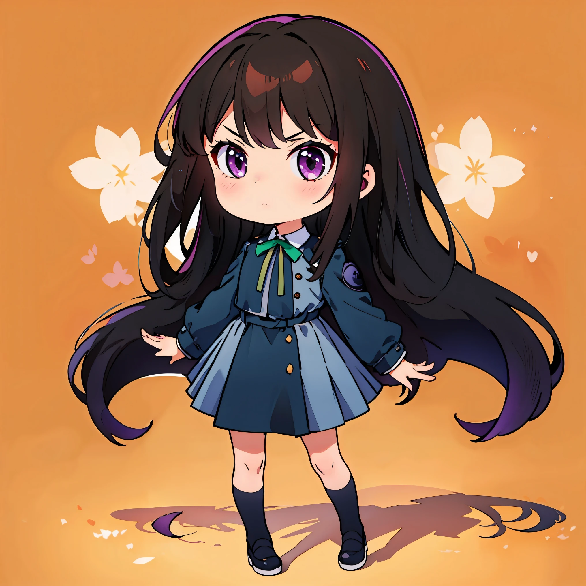 ((masterpiece, best quality, highres)), depth of field, 
BREAK, 1girl, ((chibi)), (chibi style), standing, fullbody shot, Serious expression, 
BREAK, (abstract background),   
BREAK, takina inoue, purple eyes, black hair, long hair, 
BREAK, long hair, lycoris uniform, green ribbon, long sleeves, two-tone dress, pleated dress, collared shirt, kneehighs