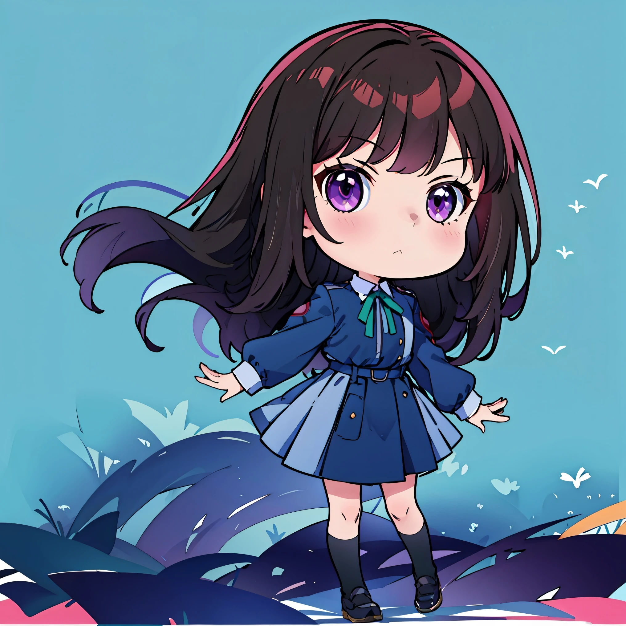 ((masterpiece, best quality, highres)), (blue background), depth of field, 
BREAK, 1girl, ((chibi)), (chibi style), standing, fullbody shot, Serious expression,    
BREAK, takina inoue, purple eyes, black hair, long hair, 
BREAK, long hair, lycoris uniform, green ribbon, long sleeves, two-tone dress, pleated dress, collared shirt, kneehighs