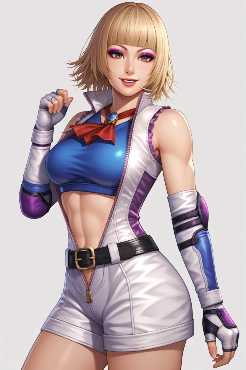 score_9, score_8_up, score_7_up,score_6_up, score_5_up, score_4_up , 1girl, solo, tekken 8_lily, emilie de rochefort, long hair, hime cut, blonde hair, blunt bangs, purple eyes, makeup, eyeshadow, lips, white dress, white jacket, white skirt, frills, frilled dress, white gloves, fingerless gloves, brooch, red neckerchief, brown eyes, short hair, brown hair, blue jumpsuit, unzipped, sports bra, zipper, elbow gloves, fingerless gloves, elbow pads, shorts, black belt, happy, cowboy shot, simple background