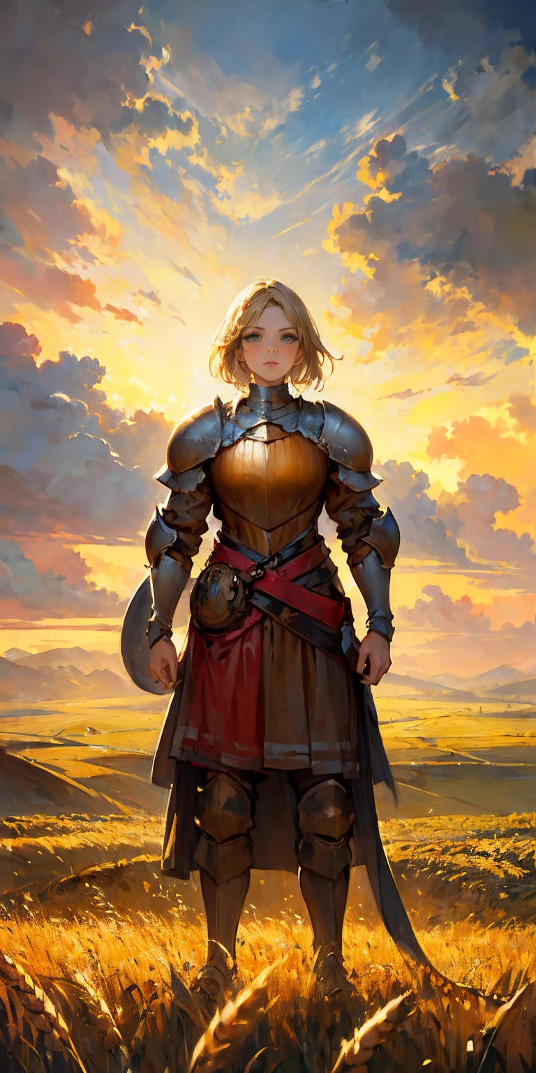 stunning painting of a knight with blonde hair, wheat field, epic clouds ((painterly)) ((impressionist)) vibrant, soft edges (((warm glow))) full body whole body view from below 1sologirl, feet together