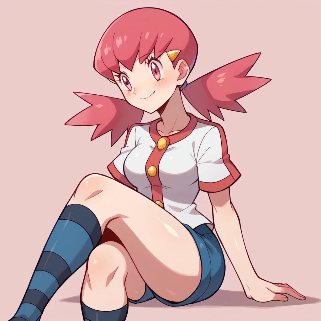 score_9, score_8_up, score_7_up, defwhitney, whitney \(pokemon\), 1girl, arm support, blush, smile, breasts, buttons, crossed legs, eyelashes, hair ornament, hairclip, jacket, long hair, pink eyes, pink hair, short shorts, short sleeves, shorts, sitting, socks, solo, striped clothes, striped socks, twintails, white jacket, tick thighs, shiny skin, pink background