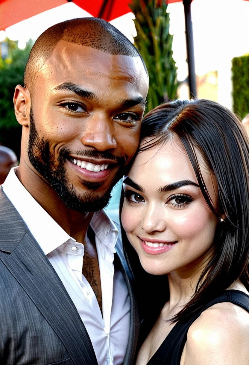 Charli XCX and a handsome African American male whose facial features are a combo of Broderick Hunter + Ray J + ??? Cudi pose together for a photo. Both are smiling. Both are attired attractively but casually for a date. Charli XCX has lovely makeup on her face. Charli XCX wears red lipstick. Daytime. Romantic ambiance. Symmetrical eyes. Symmetrical faces. Lovely details. Photorealistic. Full-colored photo. Professional photo. Highly detailed 8K.
