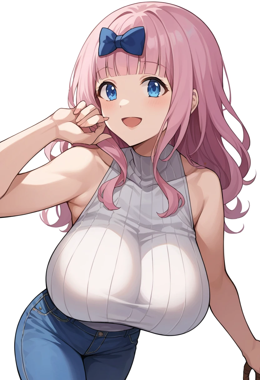 score_9, score_6_up, source_anime, 1girl, Alone,White background, chika, blue eyes, pink hair, hair bow, ,Huge breasts、Long chest、grabs breasts myself、Slim body、smile、White sleeveless high neck ribbed knit、Blue denim pants、The whole body is visible