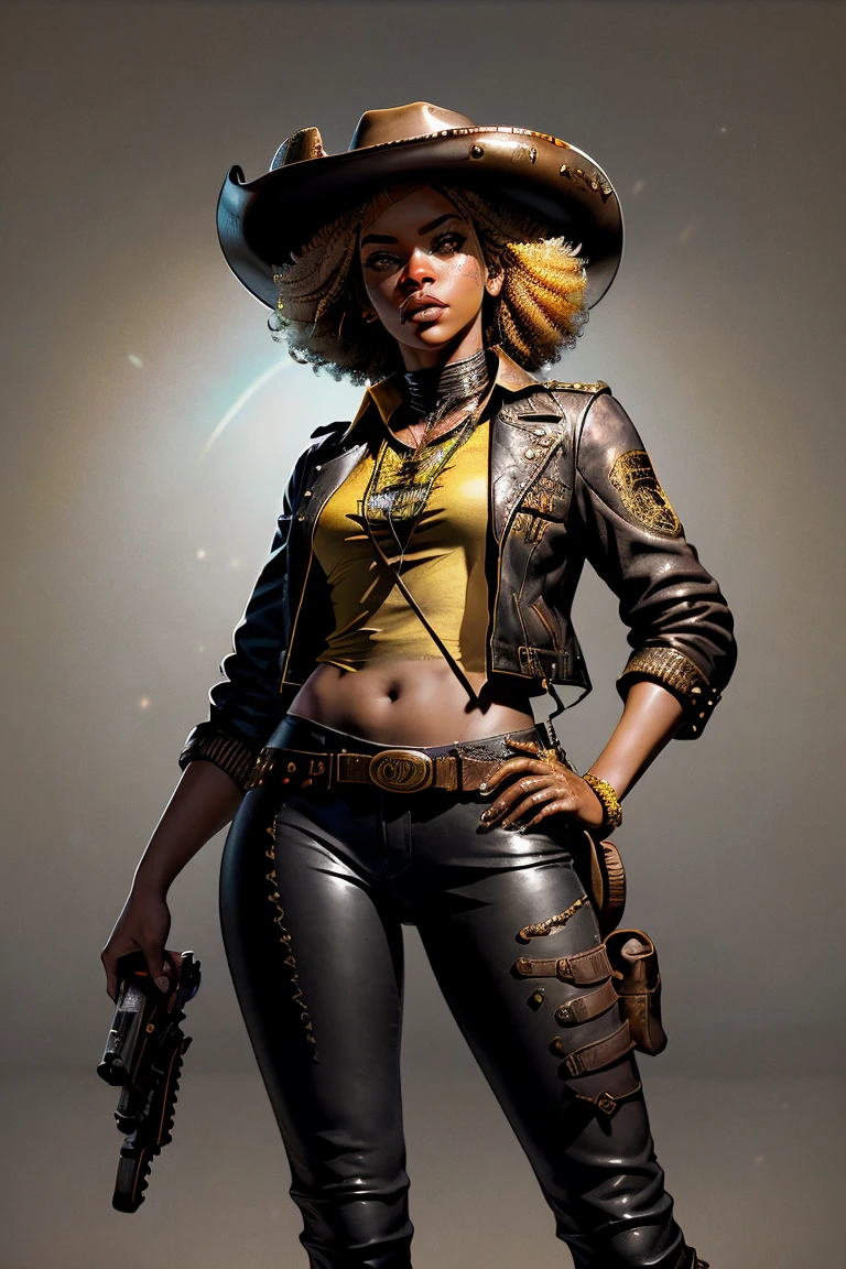 Beyoncé, a black woman as a space cowboy wearing a cowboy hat and gold rim sunglasses, leather pants and leather jacket, yellow shirt, cowboy hat, afro hairstyle, western, gun, bandolier, bounty hunter, close-up, stylish, fashion, highly detailed, realistic, solo, post-apocalyptic background, full body, rotating body view, weapon hanging from the waist
