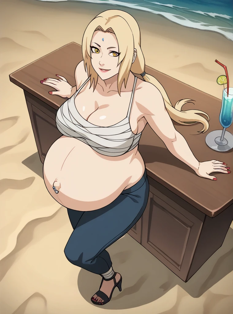 score_9, score_8_above, score_7_above, score_6_above, score_5_above, score_4_above, Tsunade, blonde hair, large breasts, mature female, blue pants, long blonde hair, two low ponytails, smooth and silky hair, golden eyes, pale skin, looking ahead, smiling,
big breasts, pregnant, huge belly, big belly, belly button, Posing, blue pants, chest bandage, indoors, nail polish, rubbing the belly, Belly button piercing, beach, heels,
high quality, Best Quality, ultra detailed, masterpiece, Whole body, animated style, high quality, ultra detailed, beast quality, anime style, High Resolution,