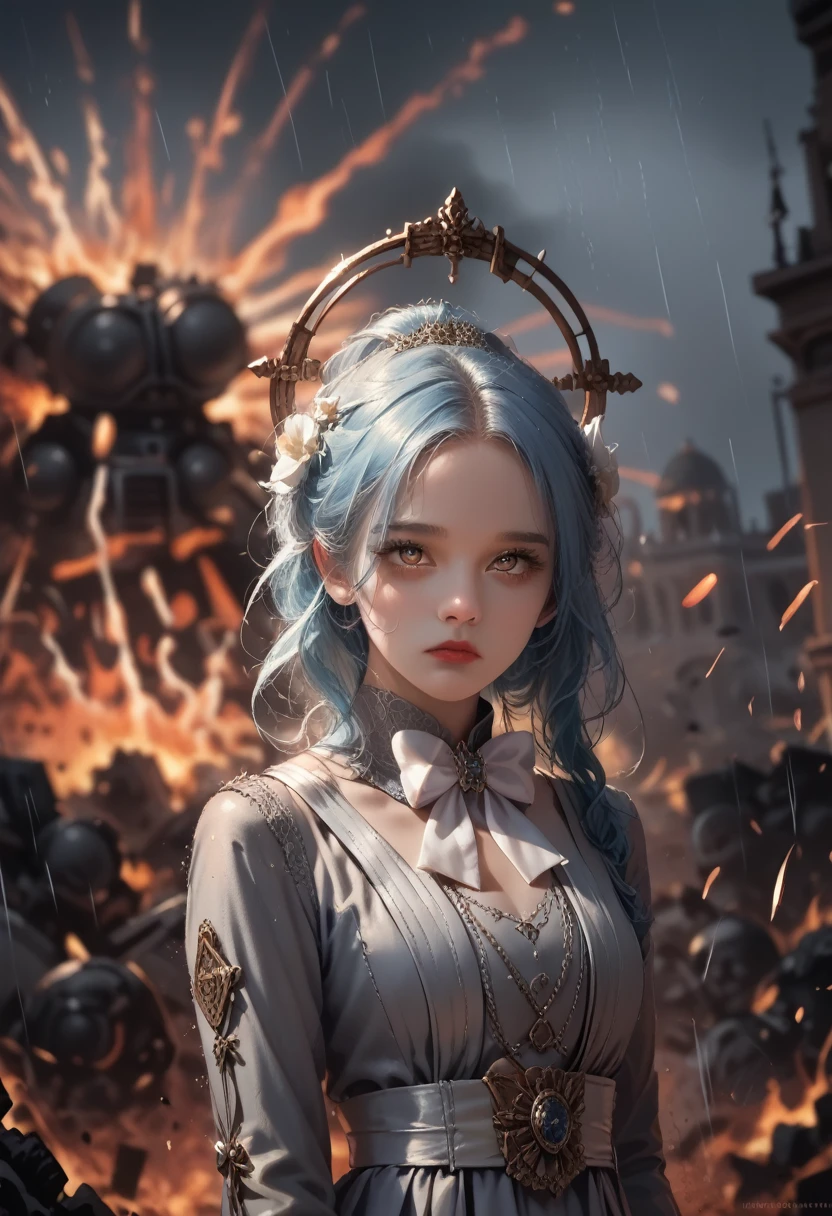 masterpiece, exquisite, illustration, {Beautiful and pedantic girl.}, beautiful and detailed halo, (fire of war: 1.2), (nuclear explosion behind: 1.3), rain, detailed lighting, Item: Water, (beautiful and detailed eyes: 1.1), inexpressive, palace, Sky blue hair, scattered hair, long bangs, brows, (white and gray dress: 1.1), black ribbon, white bow tie, Upper abdomen, big forehead, blunt, flower, long sleeves