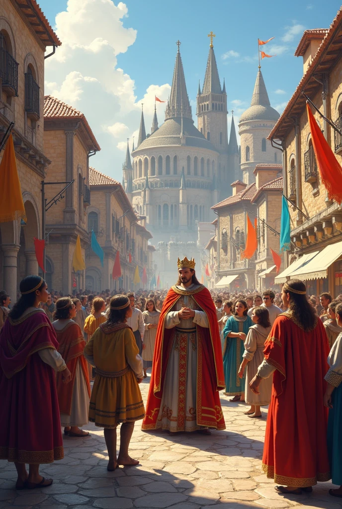 peaceful medieval kingdom, many people watching king arrived with crowd, lively atmosphere