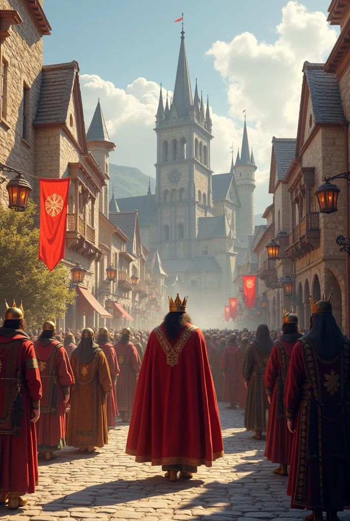 peaceful medieval kingdom, many people watching king arrived with crowd, lively atmosphere