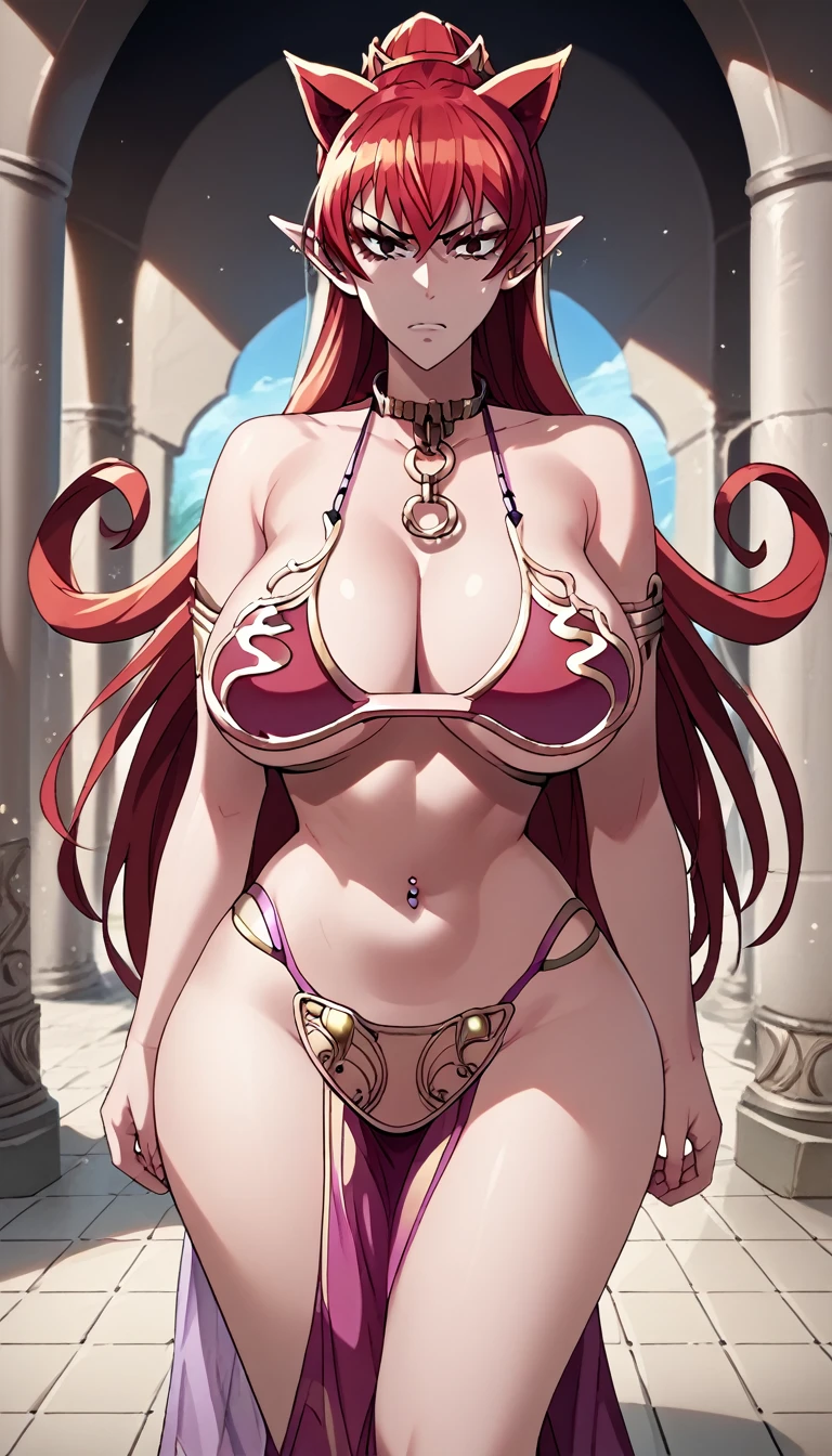 score_9, score_8_up, score_7_up, source_anime, best quality, solo, clear face, huge breasts, perfect body, looking at viewer, sex slave, red slave bikini, palace, standing, dynamic angle, pink high leg thong, from behind, big ass, wide hips, navel piercing, see through pink pelvic curtain, Azazle ameri, red hair, cat ears, pointy ears, long hair, angry