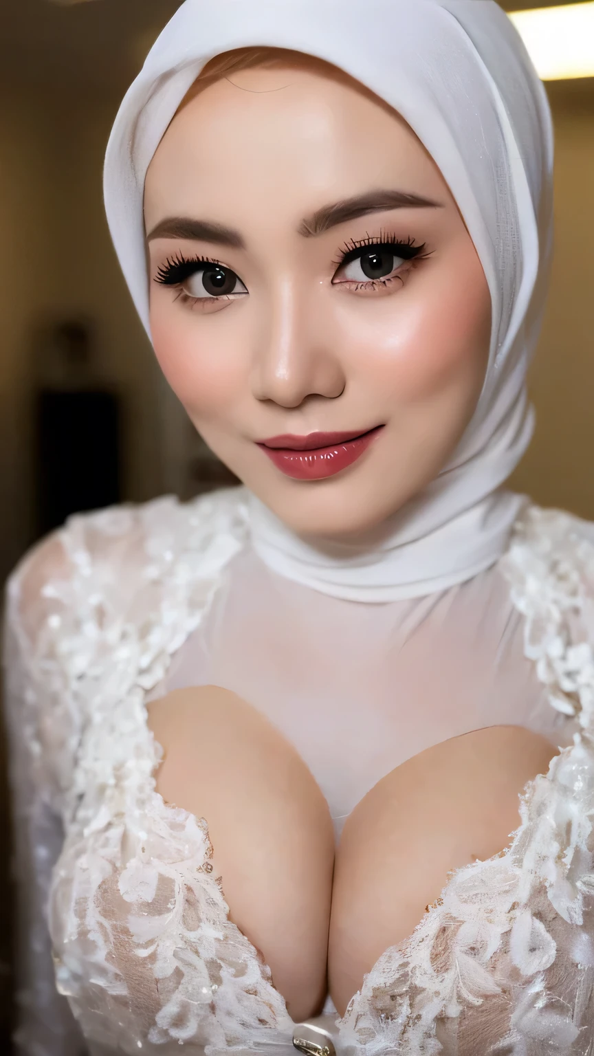 ((Realistic lighting, Best quality, 8K, Masterpiece: 1.3)), Clear focus: 1.2, 1 indonesian hijab girl, ta , Perfect close up, Red Lipstick, Sensual Lipstick, Sensational Make up, beauty nude, naked, (white hijab, medium saggy breasts: 1.3), lace material, (indoor, night: 1.1), porn studio background, Super fine face, fine eyes, double eyelids, naughty smile, sexy seducing close up pose