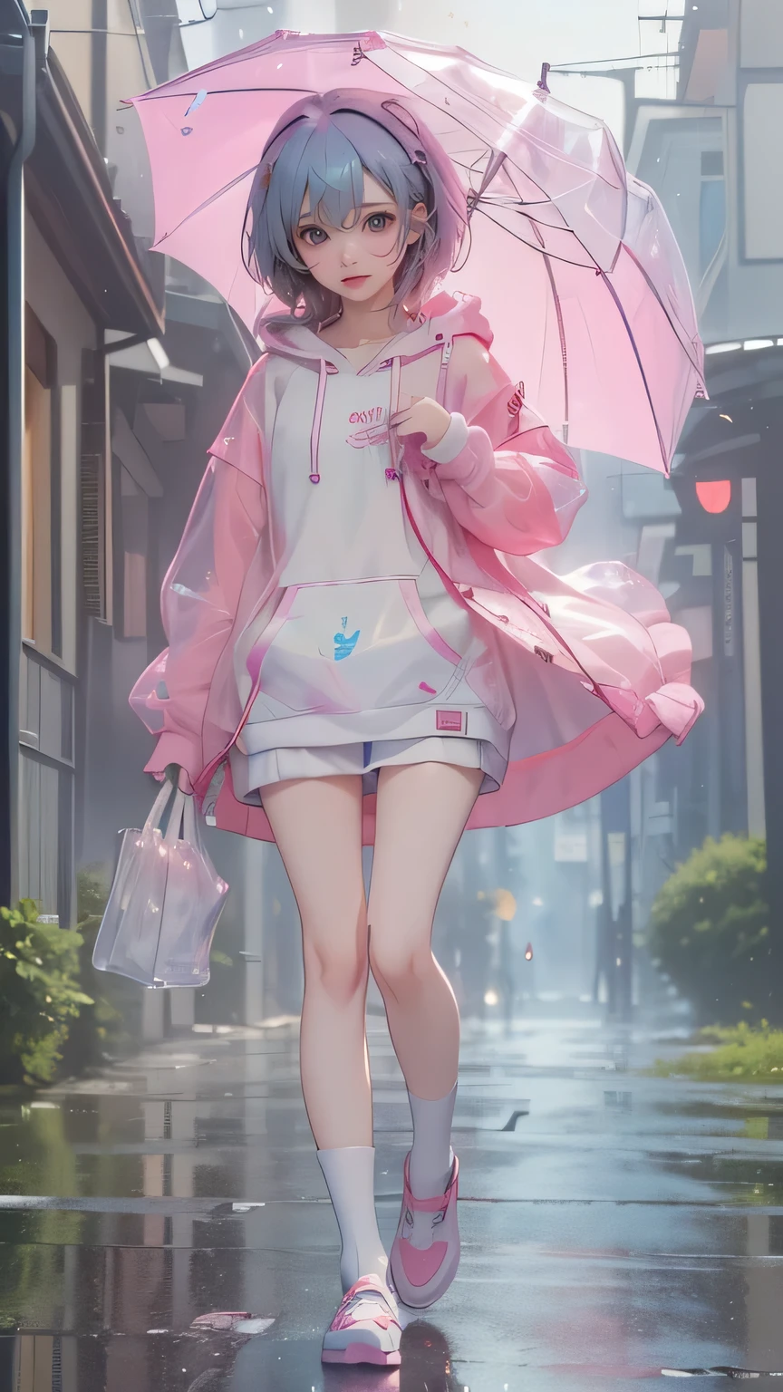((masterpiece, ,Highest quality、masterpiece、(The best,4K, （The super cute Q version of Rem is standing in the rain wearing a transparent plastic hoodie：1.4）, Rainbow color illustration, magically glow, Shiny and colorful, Holograms, Yumi, anime art wallpaper 8k, Gurwitz-style artwork, Anime Art Wallpaper 4k, Anime Art Wallpaper 4k, Beautiful anime artwork, digital animation art, Gurwitz，（Full body female：1.5）