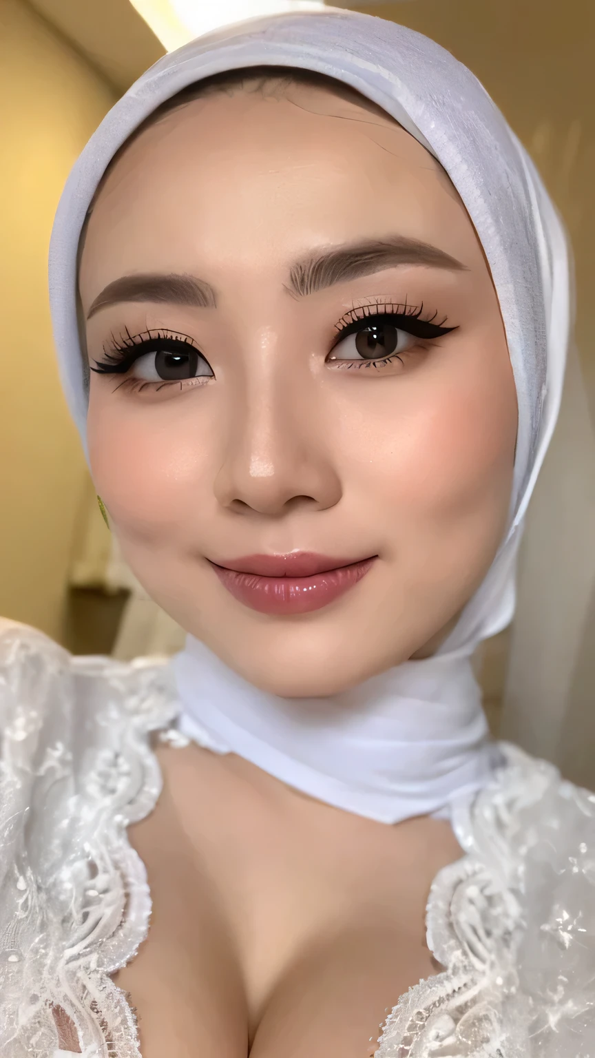 ((Realistic lighting, Best quality, 8K, Masterpiece: 1.3)), Clear focus: 1.2, 1 indonesian hijab girl, ta , Perfect close up, Red Lipstick, Sensual Lipstick, Sensational Make up, beauty nude, naked, (white hijab, medium saggy breasts: 1.3), lace material, (indoor, night: 1.1), porn studio background, Super fine face, fine eyes, double eyelids, naughty smile, sexy seducing close up pose