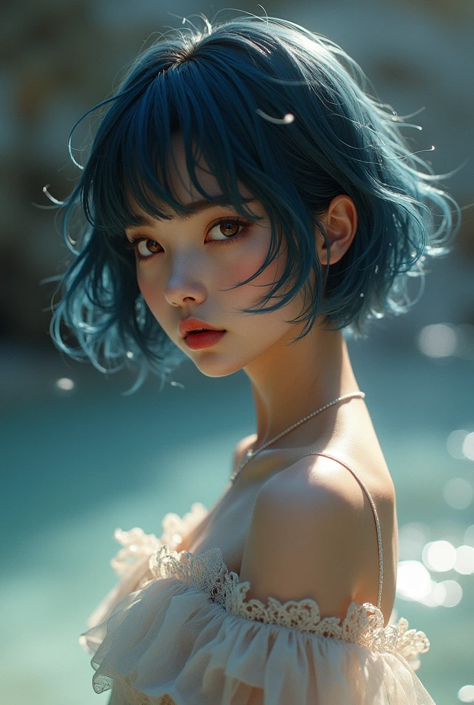 a beautiful detailed girl in a simple background, 1girl, standing, fashion model, looking at viewer, interview, detailed eyes, beautiful detailed face and features, floating, high saturation, colorful water splash, colorful bubbles, shiny, focused on face, ponytail, kamisato ayaka, light blue hair, bangs, hair ornaments, floating flowers, floating strands, shining, best lighting, best shadows, (best quality,4k,8k,highres,masterpiece:1.2),ultra-detailed,(realistic,photorealistic,photo-realistic:1.37)