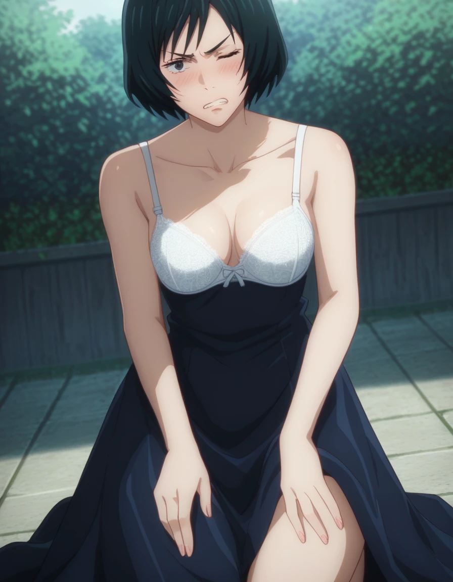 sauce_anime, ambient light,
jujutsu_kaisen_style, Mai Zenin,,zenin mai,  ,1girl ,tall girl, black hair, black eyes, short hair, , wince, frown, close up face:0.2,
nsfw, (show off panties),,  black dress, sleeveless dress, maizeninSDXL, hands behind backs, undress long skirt, in lace panties, pussy juice,
outdoors,, realistic outdoor, (kneeling), , steam, 
cowboy shot,, looking at viewer, solo, dutch angle, blush,, lace white bra , clenched teeth, saliva,, medium breast,