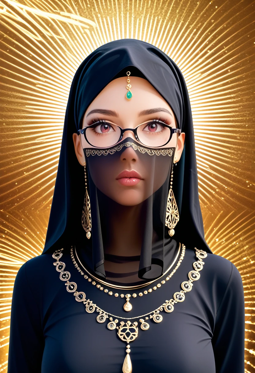 (masterpieceBest Quality, Best Quality, Official Art, beautifully、Aesthetically pleasing:1.2), (1 girl, Shil Hijab, Face Veil, Metal Frame Glasses,), Very detailed,(Fractal Art:1.2),colorful,Most detailed,(Confused:1.2), (Dynamic pose), (Abstract background:1.5), (Traditional Costume:1.2, Nothing underneath the veil), (Shiny skin), (Various colors:1.4), whole body:1.4. ((grace. Photorealism. Unreal Engine. 3D Model. Ultra high quality textures. high detail. Permission 8k))