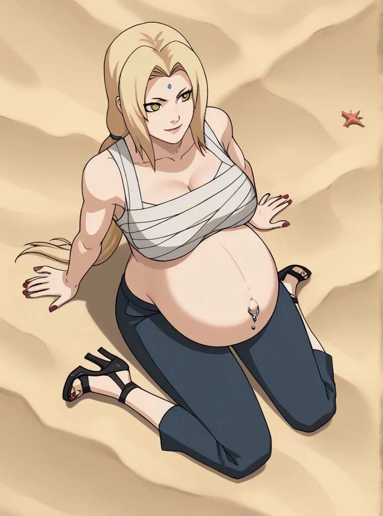 score_9, score_8_above, score_7_above, score_6_above, score_5_above, score_4_above, Tsunade, blonde hair, large breasts, mature female, blue pants, long blonde hair, two low ponytails, smooth and silky hair, golden eyes, pale skin, looking ahead, smiling, Sitting, 
big breasts, pregnant, huge belly, big belly, belly button, Posing, blue pants, chest bandage, nail polish, rubbing the belly, Belly button piercing, beach, heels,
high quality, Best Quality, ultra detailed, masterpiece, Whole body, animated style, high quality, ultra detailed, beast quality, anime style, High Resolution,